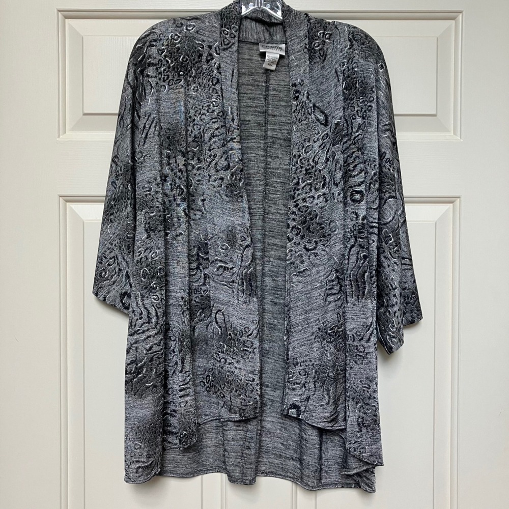 Chico's Travelers Open Front Cardigan Duster Animal Print Gray‎ Black 2 large